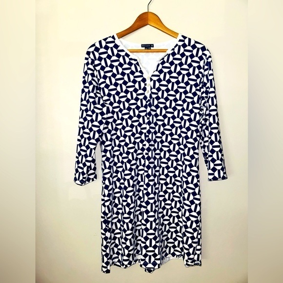 Melly M Blue/White V-Neck Cayman Shift Dress 3/4 Sleeve Xl Vacation Travel Beach
